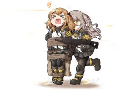 Rule 34 | 2girls, 404 logo (girls&#039; frontline), armband, artist request, boots, bound, brown hair, crying, girls&#039; frontline, grey hair, gun, h&amp;k ump, heart, heart in mouth, human shield, multiple girls, rope, siblings, side ponytail, sisters, submachine gun, tied up (nonsexual), twins, twintails, ump45 (girls&#039; frontline), ump9 (girls&#039; frontline), weapon, yellow eyes