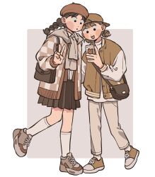 Rule 34 | 2girls, :d, :o, backwards hat, baseball cap, beret, braid, brown footwear, brown hair, brown headwear, brown theme, buttons, checkered clothes, double bun, full body, hair bun, hand up, hat, highres, holding, holding phone, layered clothes, looking down, mannerer62, multiple girls, open mouth, original, phone, pleated skirt, shoes, simple background, skirt, smile, sneakers, socks, standing, standing on one leg, twin braids, v, white background, white socks