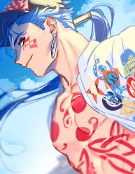 Rule 34 | 1boy, alternate costume, bare pectorals, baseball cap, beads, blue hair, blue sky, bodypaint, closed mouth, cloud, cu chulainn (fate), cu chulainn (fate) (all), cu chulainn (fate/stay night), cu chulainn alter (fate), cu chulainn alter (fate/grand order), dark persona, day, earrings, facepaint, fate/grand order, fate (series), floating hair, from side, hair beads, hair ornament, hat, jewelry, lancer, long hair, looking back, male focus, muscular, nipples, open clothes, open shirt, pectorals, ponytail, red eyes, sky, smile, solo, spiked hair, spikes, studded hat, type-moon, under the same sky, uni (nico02)