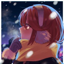 Rule 34 | 1girl, black jacket, blush, breath, brown gloves, earmuffs, from side, fur-trimmed sleeves, fur trim, gloves, hair between eyes, hand up, highres, jacket, kyosuke1413koba, long sleeves, night, night sky, outdoors, parted lips, profile, pyra (xenoblade), red eyes, red hair, scarf, sky, snowing, solo, upper body, xenoblade chronicles (series), xenoblade chronicles 2, yellow scarf