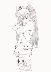 Rule 34 | 1girl, amatsukaze (kancolle), crossed arms, dress, garter straps, grey hair, hair tubes, kantai collection, long hair, multicolored hair, one eye closed, orange eyes, sailor collar, sailor dress, short dress, simple background, sohin, solo, thighhighs, two-tone hair, two side up
