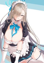 Rule 34 | 1girl, absurdres, apron, asuna (blue archive), asymmetrical bangs, blonde hair, blue archive, blue bow, blue bowtie, blush, bow, bowtie, breasts, cleavage, dress, elbow gloves, frilled apron, frills, gloves, grey eyes, grin, hair over one eye, halo, highres, large breasts, long bangs, long hair, maid, maid headdress, mole, mole on breast, one eye covered, parted lips, puffy short sleeves, puffy sleeves, short dress, short sleeves, smile, solo, thighhighs, tnr (horiko1525), very long hair, white apron, white gloves, white thighhighs, zettai ryouiki