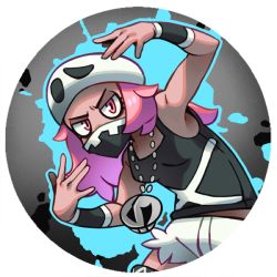 Rule 34 | 1girl, bandana, bandana over mouth, black shirt, breasts, commentary, creatures (company), english commentary, game freak, long hair, looking at viewer, nintendo, pink eyes, pink hair, pinkgermy, pokemon, pokemon sm, round image, shirt, short shorts, shorts, sleeveless, sleeveless shirt, small breasts, solo, team skull, team skull grunt, team skull uniform, white headwear, white shorts