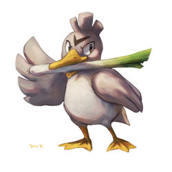 Rule 34 | 2016, bird, brown eyes, commentary, creature, creatures (company), english commentary, farfetch&#039;d, full body, game freak, gen 1 pokemon, highres, looking at viewer, mouth hold, nintendo, no humans, pokemon, pokemon (creature), signature, simple background, solo, spring onion, standing, tyma (mtymas), white background