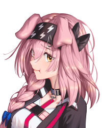 Rule 34 | 1girl, animal ears, arknights, black choker, black hairband, black jacket, bowlp, braid, cat ears, choker, commentary request, goldenglow (arknights), hairband, highres, jacket, long hair, pink hair, shirt, simple background, single braid, solo, upper body, white background, white shirt, yellow eyes