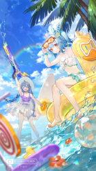 Rule 34 | &gt; &lt;, 2girls, :d, > <, ahoge, arm up, artist name, bandaid, bandaid on face, bare arms, bare legs, bare shoulders, barefoot, bead necklace, beads, bikini, bikini skirt, blouse, blue eyes, blue hair, blue sky, braid, breasts, chinese commentary, cloud, commentary request, copyright request, eyewear on head, full body, hair between eyes, hat, highres, holding, holding water gun, inflatable duck, inflatable toy, jewelry, long hair, multiple girls, necklace, one-piece swimsuit, open clothes, open mouth, open shirt, outdoors, purple sweater, rainbow, red eyes, rubber duck, see-through, see-through shirt, senryoko, shirt, short hair, sitting, skirt, sky, small breasts, smile, standing, sun hat, sunglasses, surfboard, sweater, swimsuit, twin braids, twintails, very long hair, water gun, white bikini, white headwear, white skirt, wristband, xd