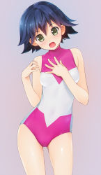 Rule 34 | 1girl, :o, bare shoulders, black hair, blue hair, blush, breasts, colored eyelashes, competition school swimsuit, contrapposto, cowboy shot, flipped hair, gradient background, green eyes, grey background, halterneck, hand on own chest, highres, multicolored one-piece swimsuit, one-piece swimsuit, open mouth, pink one-piece swimsuit, school swimsuit, sei (yu-gi-oh!), short hair, simple background, small breasts, solo, standing, surprised, swimsuit, turtleneck, wacchi, white one-piece swimsuit, yu-gi-oh!, yu-gi-oh! zexal, yuu-gi-ou, yuu-gi-ou zexal