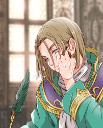 Rule 34 | 1boy, blue eyes, bob cut, brown hair, closed mouth, dragon quest, dragon quest xi, green robe, hand on own cheek, hand on own face, hero (dq11), highres, indoors, jewelry, looking at object, looking down, male focus, myukom, neck, quill, ring, robe, scarf, short hair, solo, white scarf, window