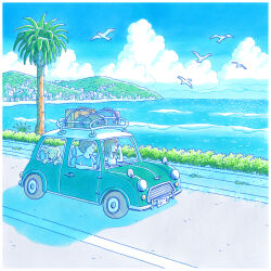 1boy 1girl animal bird border car cloud cumulonimbus_cloud day dog driving hill horizon izigen_s_koma motor_vehicle ocean original palm_tree road scenery seagull shore solid_oval_eyes steering_wheel suitcase town tree water waves white_border