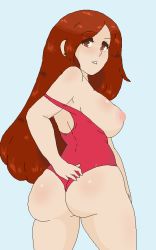 Rule 34 | 1girl, ass, ass grab, breasts, breasts out, brown eyes, earrings, from behind, gravity falls, hoshime, jewelry, large breasts, looking at viewer, looking back, nipples, one-piece swimsuit, parted bangs, pixel art, red hair, red one-piece swimsuit, solo, swimsuit, wendy corduroy