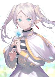 Rule 34 | 1girl, blue petals, breasts, capelet, commentary request, earrings, elf, expressionless, flower, frieren, gem, gold trim, green eyes, grey hair, highres, holding, holding flower, jewelry, long hair, long sleeves, medium breasts, novasorcerer, parted bangs, pointy ears, red gemstone, shirt, solo, sousou no frieren, striped clothes, striped shirt, twintails, white capelet, white flower, wide sleeves