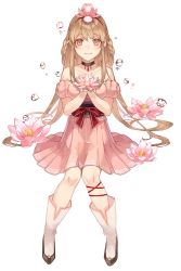 Rule 34 | 1girl, bad id, bad pixiv id, bare shoulders, black choker, blush, boots, bow, braid, brown eyes, brown hair, choker, closed mouth, collarbone, commentary request, detached sleeves, dress, flower, full body, hair between eyes, hair flower, hair ornament, holding, holding flower, knees together feet apart, long hair, obi, original, pig ggul, pink dress, pink flower, pink sleeves, pleated dress, puffy short sleeves, puffy sleeves, red bow, sash, short sleeves, simple background, sitting, smile, solo, strapless, strapless dress, very long hair, water drop, white background, white footwear