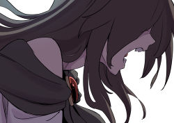 Rule 34 | 1girl, absurdres, bare shoulders, black hair, brooch, close-up, commentary request, covered eyes, highres, imaizumi kagerou, jewelry, kawayabug, long hair, no eyes, sharp teeth, simple background, solo, teeth, touhou, white background