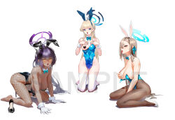 Rule 34 | 3girls, all fours, animal ears, asuna (blue archive), asuna (bunny) (blue archive), black leotard, blonde hair, blue archive, blue bow, blue bowtie, blue eyes, blue leotard, blue nails, bow, bowtie, braid, breasts, brown pantyhose, cleavage, convenient arm, dark-skinned female, dark skin, detached collar, fake animal ears, feet, fishnet pantyhose, fishnets, full body, gloves, grabbing own breast, hair over one eye, hair ribbon, halo, heart pasties, high heels, highres, karin (blue archive), karin (bunny) (blue archive), kneeling, large breasts, legs, leotard, long hair, medium breasts, multiple girls, no shoes, official alternate costume, open mouth, pantyhose, pasties, playboy bunny, purple hair, rabbit ears, ribbon, sample watermark, shoes, simple background, strapless, strapless leotard, ta03545, thighhighs, toes, toki (blue archive), toki (bunny) (blue archive), tongue, tongue out, unworn shoes, very long hair, watermark, white background, white gloves, white thighhighs, wrist cuffs, yellow eyes