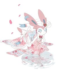 Rule 34 | blue eyes, blush, bow, chinese clothes, closed mouth, creatures (company), dress, flower, game freak, gen 6 pokemon, highres, looking at viewer, nintendo, no humans, petals, pokemon, pokemon (creature), ribbon, solo, sylveon, w8ukg2, walking, white background