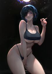 Rule 34 | 1girl, bare shoulders, black background, black bra, black hair, black panties, blue eyes, bra, breasts, chainsaw man, cigarette, cinderone, cleavage, collarbone, commentary, contrapposto, curvy, english commentary, eyepatch, grin, hand up, highres, himeno (chainsaw man), holding, holding cigarette, large breasts, navel, paid reward available, panties, short hair, signature, smile, smoke, smoking, solo, stomach, teeth, thighs, underboob, underwear, underwear only, wide hips