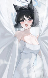 Rule 34 | 1girl, :o, absurdres, animal ears, bare shoulders, black hair, blue archive, blush, breasts, cat ears, cat tail, cleavage, collarbone, curtains, fang, halo, highres, jaduade, kikyou (blue archive), looking at viewer, medium breasts, multiple tails, naked towel, short hair, skin fang, solo, tail, towel