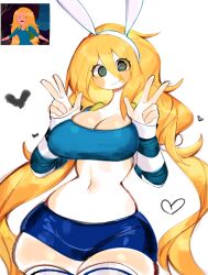 Rule 34 | @ @, adventure time, animal ears, arm warmers, blonde hair, blush, breasts, cleavage, crop top, fake animal ears, fionna the human girl, heart, highres, large breasts, long hair, looking at viewer, midriff, navel, rabbit ears, smile, thick thighs, thighhighs, thighs, usa37107692, very long hair, wide hips, zettai ryouiki