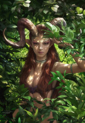 Rule 34 | 1girl, animal ears, breasts, choker, cleavage, forest, goat horns, horns, leaf, long hair, looking at viewer, medium breasts, nature, red hair, signature, solo, upper body, watermark, yinyuming