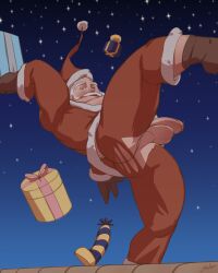 Rule 34 | 1boy, absurdres, aru (arudesu), ass peek, bara, belly, box, christmas, dildo, falling, flaccid, full body, gift, gift box, gift wrapping, girthy penis, hat, highres, leg lift, male focus, mature male, muscular, muscular male, old, old man, original, pants, pectorals, penis, red hat, santa claus, santa costume, santa hat, sex toy, short hair, sky, solo, star (sky), starry sky, thick eyebrows, thick thighs, thighs, torn clothes, torn pants, uncensored, white hair