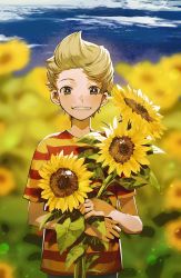 Rule 34 | 1boy, aoki (fumomo), blonde hair, blurry, blurry background, blush, cloud, day, flower, grin, highres, holding, holding flower, lucas (mother 3), male focus, mother (game), mother 3, nintendo, outdoors, shirt, short sleeves, sky, smile, solo, striped clothes, striped shirt, sunflower