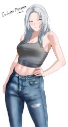 Rule 34 | 1girl, bare shoulders, blue eyes, blue hair, blush, breasts, cleavage, closed mouth, collarbone, commission, contrapposto, denim, feet out of frame, grey shirt, hand on own hip, high-waist pants, highres, ichinose (ichinose1592), jeans, light blue hair, long hair, looking at viewer, medium breasts, navel, original, pants, shirt, skeb commission, solo, standing, white background