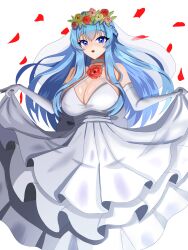 Rule 34 | 1girl, absurdres, alternate costume, blue eyes, braid, breasts, cleavage, dress, flower, goddess of victory: nikke, head wreath, helm (nikke), highres, holding, hyeongmyeong, large breasts, light blush, long hair, red flower, solo, wedding dress, white dress