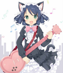 Rule 34 | 1girl, :3, :d, animal ears, beamed quavers, beamed semiquavers, bell, black dress, black hair, blush, bow, bowtie, cat ears, cat girl, cat tail, commentary request, crotchet, curly hair, cyan (show by rock!!), dress, fang, frilled dress, frills, green eyes, guitar, heart guitar, holding, instrument, jingle bell, juliet sleeves, long sleeves, looking at viewer, maccha, musical note, open mouth, pink bow, pink bowtie, puffy sleeves, quaver, ribbon, short hair, show by rock!!, sleeves past wrists, smile, solo, sparkling eyes, tail, tareme, treble clef, white ribbon