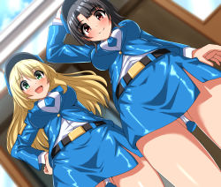 Rule 34 | 2girls, absurdres, alternate costume, atago (kancolle), belt, black hair, blonde hair, blue headwear, blue jacket, blue necktie, blue skirt, blush, breasts, commission, door, from below, green eyes, hair between eyes, hat, hay, highres, jacket, kantai collection, large breasts, long hair, long sleeves, looking at another, looking down, miniskirt, multiple girls, necktie, open mouth, panties, pixiv commission, red eyes, shirt, short hair, skirt, standing, takao (kancolle), underwear, uniform, white shirt, zanntetu