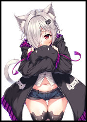 Rule 34 | 1girl, absurdres, animal ear legwear, animal ears, animal hat, bad id, bad pixiv id, black border, black hat, black jacket, black thighhighs, blue shorts, blush, border, cat ear legwear, cat ears, cat girl, cat hair ornament, cat hat, cat tail, cowboy shot, dress shirt, groin, hair ornament, hair over one eye, hasumi (hasubatake39), hat, highres, hugging object, jacket, kuon (hasumi (hasubatake39)), long hair, long sleeves, looking at viewer, navel, open clothes, open jacket, original, red eyes, shirt, short shorts, shorts, silver hair, sleeves past wrists, solo, tail, thigh gap, thighhighs, very long hair, white background, white shirt