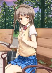 Rule 34 | 10s, 1girl, absurdres, asymmetrical hair, bench, brown hair, evening, highres, korezyanai, long hair, looking at viewer, love live!, love live! school idol project, minami kotori, outdoors, park, park bench, pointing, pointing up, school uniform, shirt, short sleeves, side ponytail, solo, sweater vest, tree, white shirt, yellow eyes