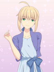 Rule 34 | 1girl, ahoge, alternate costume, arm behind back, artoria pendragon (all), artoria pendragon (fate), blonde hair, blue bow, blue dress, blue ribbon, bow, collarbone, dress, fate/stay night, fate (series), fateline alpha, green eyes, hair ribbon, head tilt, highres, looking at viewer, ribbon, saber (fate), short hair, sidelocks, smile, solo, sparkle, standing