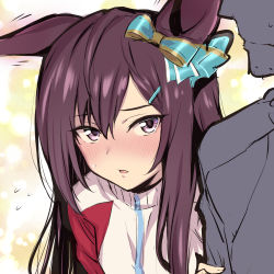 Rule 34 | 1boy, 1girl, alternate costume, black hair, blush, commentary request, hair ornament, hairclip, horse girl, jacket, long hair, looking at viewer, mejiro dober (umamusume), nakahira guy, open mouth, portrait, purple eyes, simple background, solo focus, track jacket, trainer (umamusume), umamusume