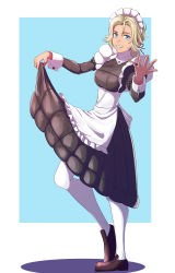 Rule 34 | 1girl, absurdres, alternate costume, apron, black shirt, black skirt, blonde hair, blue background, blue eyes, catherine (fire emblem), clothes lift, dark-skinned female, dark skin, enmaided, female focus, fire emblem, fire emblem: three houses, frilled apron, frills, from side, full body, grin, hair between eyes, hair intakes, highres, lifting own clothes, loafers, long skirt, long sleeves, looking at viewer, maid, maid headdress, nintendo, pantyhose, shirt, shoes, short hair, skirt, skirt lift, smile, solo, standing, sukkirito (rangusan), two-tone background, waist apron, white apron, white background, white pantyhose