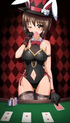 Rule 34 | 1girl, absurdres, animal ears, argyle, black gloves, black hat, black leotard, bow, bowtie, breasts, brown eyes, brown hair, card, clothing cutout, commentary, dice, earlobe1514366, fishnet thighhighs, fishnets, girls und panzer, gloves, gluteal fold, grey thighhighs, hat, hat with ears, highres, holding, holding card, leotard, medium breasts, navel, navel cutout, nishizumi maho, official alternate costume, one eye closed, parted lips, playboy bunny, playing card, poker chip, poker table, rabbit ears, red bow, red bowtie, short hair, side-tie leotard, sleeveless, smile, solo, table, thigh gap, thighhighs, top hat