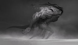 Rule 34 | den (denwhat), from side, gradient background, grey background, greyscale, headless, highres, monochrome, monster, muscular, original, tail, wading, walking, water