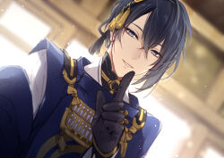 Rule 34 | 1boy, backlighting, black gloves, black hair, blue eyes, blurry, blurry background, commentary request, eyelashes, finger to mouth, gloves, hair between eyes, japanese clothes, light particles, looking at viewer, male focus, mikazuki munechika, mochizuki shiina, parted lips, sayagata, short hair, shushing, smile, solo, tassel, touken ranbu