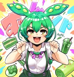 Rule 34 | 1girl, absurdres, blush, buttons, commentary request, drinking straw, eyebrows hidden by hair, fukumaaya, green eyes, green hair, green theme, hair between eyes, highres, looking at viewer, multicolored background, open mouth, short sleeves, straight-on, suspenders, translation request, upper body, voicevox, zundamon