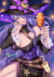 Rule 34 | 1girl, bare shoulders, black dress, breasts, camilla (fire emblem), candy, cleavage, corrin (female) (fire emblem), corrin (fire emblem), crescent, crescent hat ornament, crescent moon, dress, earrings, fire emblem, fire emblem fates, food, furrowed brow, hair over one eye, halloween, halloween costume, hand on own cheek, hand on own face, hat, hat ornament, holding, holding candy, holding food, holding lollipop, jewelry, lantern, large breasts, lips, lollipop, long hair, moon, nail polish, night, night sky, nintendo, pink eyes, pink lips, purple hair, purple nails, signature, sitting, sky, smile, snow20200, solo, star (symbol), star ornament, strap, thighs, very long hair, watermark, witch, witch hat
