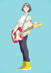 Rule 34 | 1girl, bare arms, black eyes, black hair, black pants, blue background, bracelet, bright pupils, electric guitar, fender stratocaster, full body, guitar, holding, holding instrument, instrument, jewelry, looking at viewer, multicolored shirt, open mouth, original, pants, pomodorosa, shirt, shoes, short hair, simple background, solo, standing, star (symbol), star print, teeth, upper teeth only, white pupils, white shirt, yellow footwear
