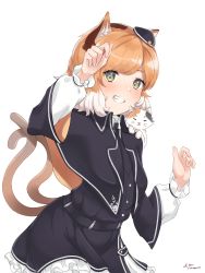 Rule 34 | 1girl, absurdres, animal ears, arknights, blonde hair, blush, cat, cat ears, cat tail, gloves, green eyes, hat, highres, jacket, jl tan, looking at viewer, mousse (arknights), short hair, smile, tail