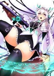 Rule 34 | 1girl, absurdres, agetama, black thighhighs, bonnet, breasts, chaika trabant, earrings, gun, highres, hitsugi no chaika, holding, holding gun, holding weapon, jewelry, long hair, looking at viewer, medium breasts, open mouth, purple eyes, sitting, solo, teeth, thick eyebrows, thick thighs, thighhighs, thighs, tongue, weapon, white hair