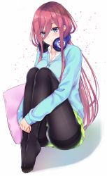 Rule 34 | 1girl, black pantyhose, blue cardigan, blue eyes, blush, breasts, cardigan, closed mouth, collared shirt, commentary request, crotch seam, feet, full body, go-toubun no hanayome, green skirt, hair between eyes, headphones, headphones around neck, highres, knees to chest, knees up, large breasts, long hair, long sleeves, looking at viewer, miniskirt, muka tsuku, nakano miku, no shoes, own hands together, panties, panties under pantyhose, pantyhose, pantyshot, petals, pillow, pink hair, pleated skirt, purple eyes, school uniform, shirt, simple background, sitting, skirt, smile, solo, thighband pantyhose, toes, underwear, upskirt, white background, white panties, white shirt, wing collar