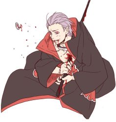 Rule 34 | 1boy, akatsuki (naruto), akatsuki uniform, blood, blood from mouth, forehead protector, grey hair, hair slicked back, hidan (naruto), jewelry, male focus, naruto, naruto (series), necklace, official style, pink eyes, self-harm, smile, solo, stab, suna (signi57tifato), white background