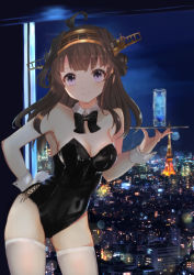 Rule 34 | 1girl, absurdres, ahoge, alternate costume, animal ears, arm behind back, black bow, black bowtie, black leotard, bow, bowtie, breasts, brown hair, cityscape, cleavage, commentary request, cowboy shot, detached collar, double bun, drink, full moon, hair bun, highres, kantai collection, kongou (kancolle), leotard, long hair, looking at viewer, medium breasts, moon, night, orangemilk, playboy bunny, purple eyes, rabbit ears, rabbit tail, solo, strapless, strapless leotard, tail, thighhighs, tokyo tower, tray, white thighhighs, wrist cuffs