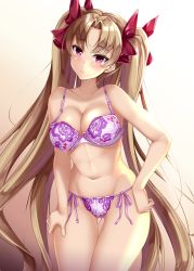 Rule 34 | 1girl, bare shoulders, blonde hair, blush, bow, bra, breasts, cleavage, closed mouth, collarbone, ereshkigal (fate), fate/grand order, fate (series), fukuda shuushi, gradient background, hair bow, hands on own hips, highres, large breasts, long hair, looking at viewer, navel, panties, parted bangs, pink eyes, purple bra, purple panties, red bow, side-tie panties, smile, solo, thighs, two side up, underwear, underwear only, very long hair