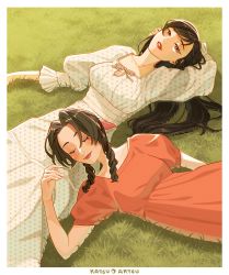 Rule 34 | 2girls, absurdres, aerith gainsborough, alternate costume, arm behind head, artist name, black hair, blush, border, breasts, brown hair, closed eyes, dress, final fantasy, final fantasy vii, final fantasy vii remake, grass, hair ribbon, half-closed eyes, hand in own hair, highres, katsuartsu, lap pillow, large breasts, long hair, looking at viewer, lying, medium breasts, multiple girls, on back, outdoors, parted bangs, parted lips, photo-referenced, pink dress, pink ribbon, polka dot, polka dot dress, ponytail, puffy short sleeves, puffy sleeves, red eyes, ribbon, short sleeves, sidelocks, smile, tifa lockhart, upper body, white dress, yuri