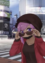 1girl, adjusting eyewear, adjusting glasses, black headwear, black shirt, blurry, blurry background, brown-framed eyewear, cabbie hat, closed mouth, collarbone, dark skin, dark skinned female, day, depth of field, eyes visible through hair, eyewear pull, fate/prototype, fate/prototype: fragments of blue and silver, fate (series), hands up, hassan of serenity (fate), hat, highres, i.u.y, jacket, long sleeves, looking at viewer, looking over eyewear, looking over glasses, open clothes, open jacket, outdoors, pulled by self, purple eyes, purple hair, red jacket, shirt, sleeves past wrists, smile, solo, sunglasses, tinted eyewear