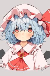Rule 34 | 1girl, ascot, bat wings, blush, closed mouth, grey background, grey hair, hat, hat ribbon, highres, looking at viewer, mob cap, pocche-ex, red ascot, red eyes, red ribbon, remilia scarlet, ribbon, short hair, short sleeves, simple background, solo, touhou, upper body, white hat, wings