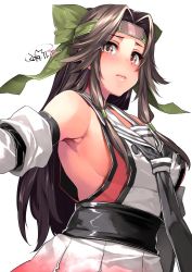 Rule 34 | 1girl, armpits, bare shoulders, blush, breasts, brown eyes, brown hair, closed mouth, commentary request, dated, forehead protector, hair intakes, happa (cloverppd), headband, jintsuu (kancolle), jintsuu kai ni (kancolle), kantai collection, long hair, looking at viewer, nose blush, sideboob, signature, simple background, solo, tears, upper body, white background
